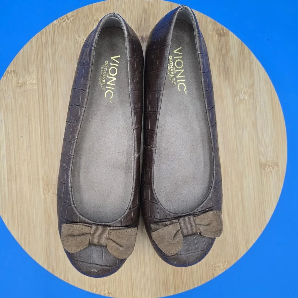 Vionic Orthaheel Women's 7 Shoes Lydia Brown Leather Croc Print Slip‎ On Wedge